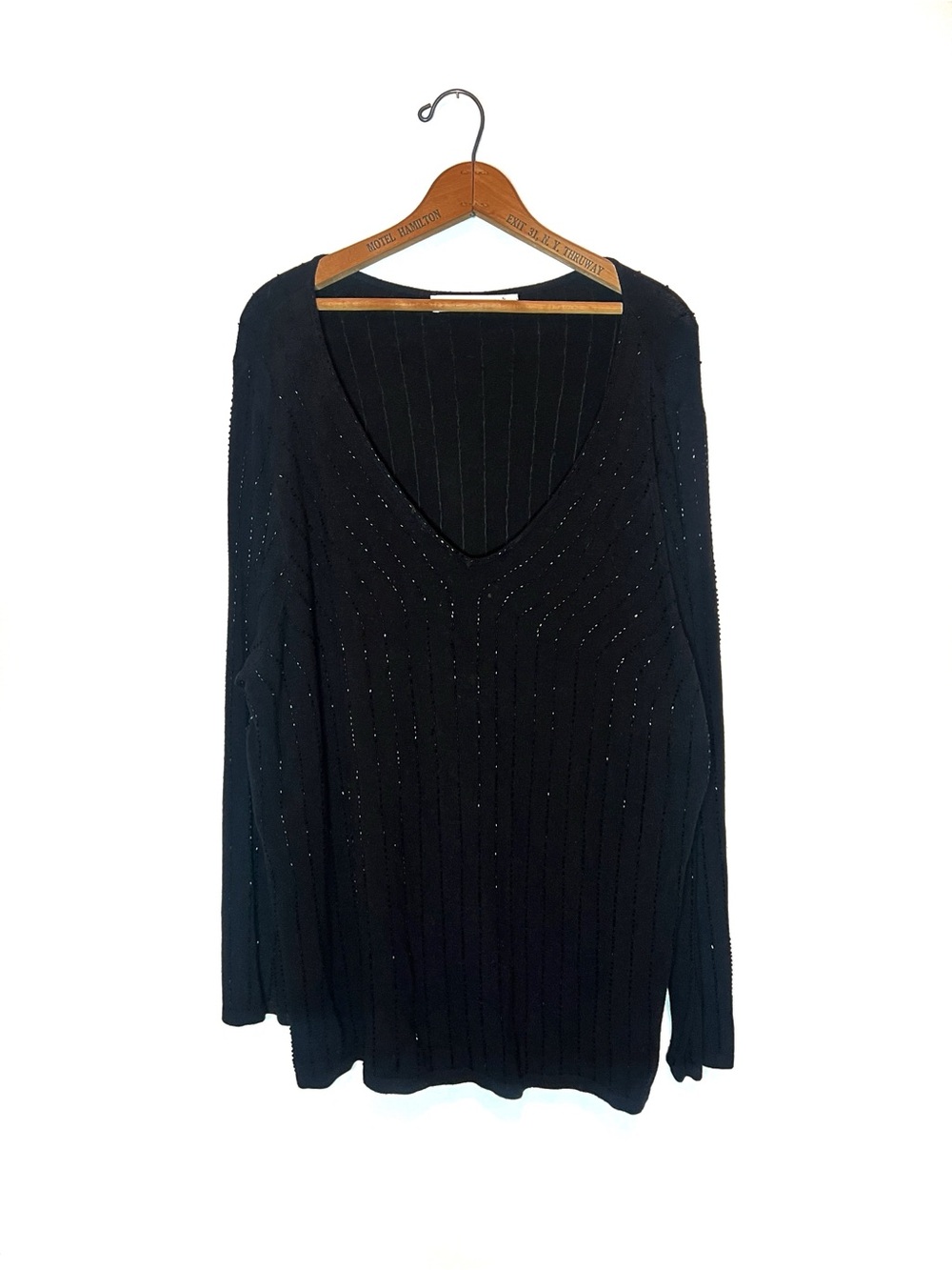 Marina Rinaldi Black V-Neck Ribbed Sweater with Subtle Sparkle